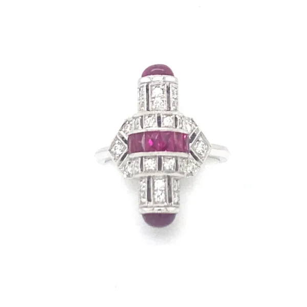 18K White Gold Cabochon Ruby and Diamonds Art Deco Ring