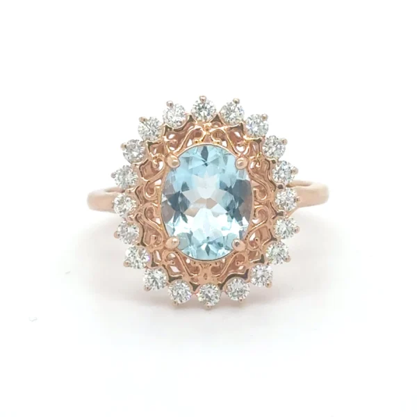14K Rose Gold Aquamarine and Diamond Ring