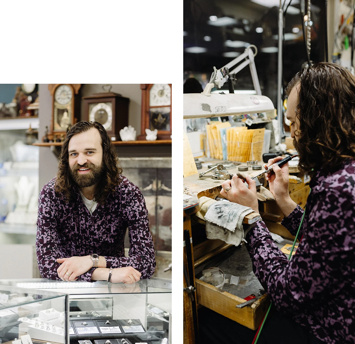 Smiling jeweler behind glass display