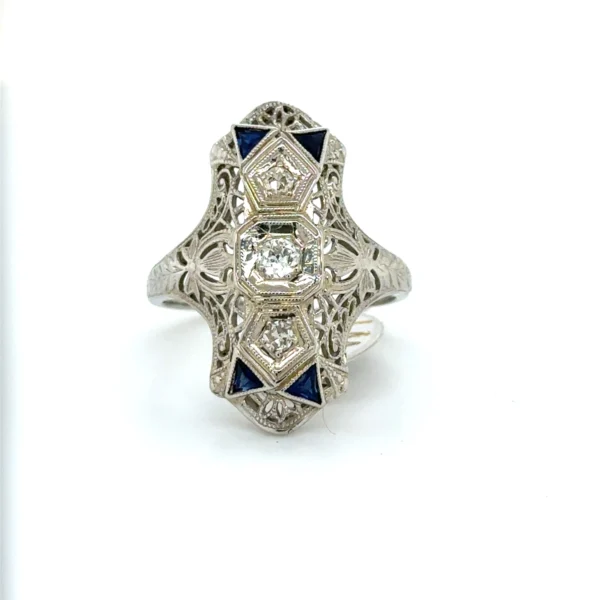 Intricate silver ring with blue accents