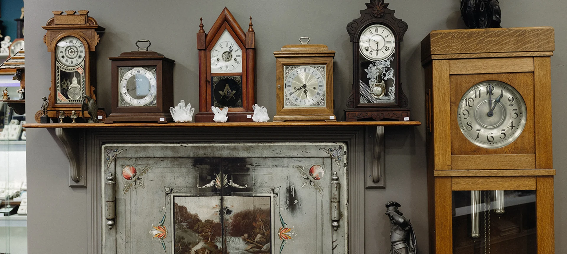 Collection of classic clocks on shelf