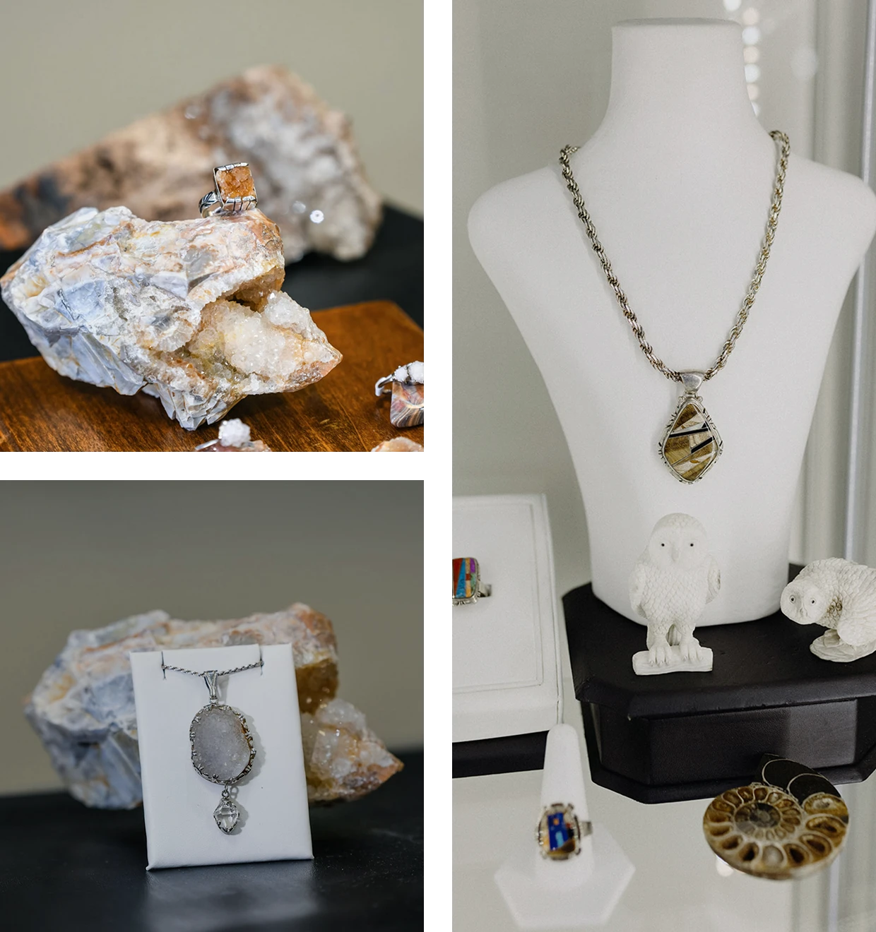 Necklace and ring on display